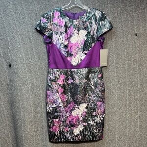 Theia Purple and Black Floral Midi Dress